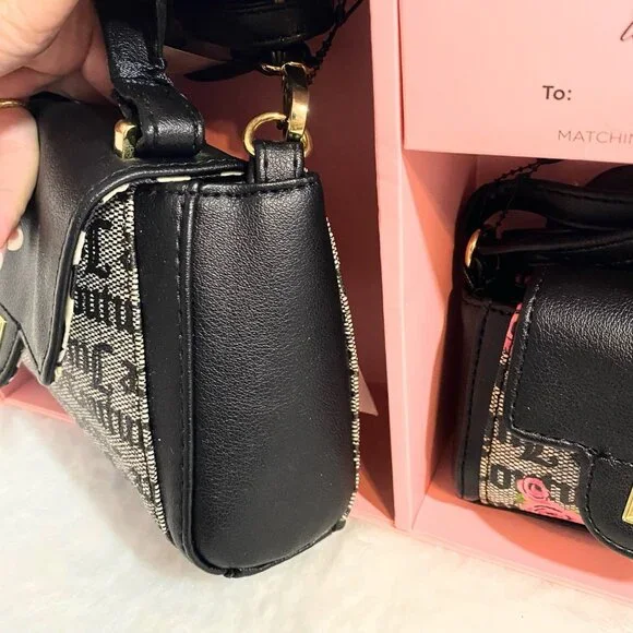 Juicy Couture Black Beige Logo Rose Print Mommy & Me Mini Crossbody Bags NWT - Picture 3 of 7